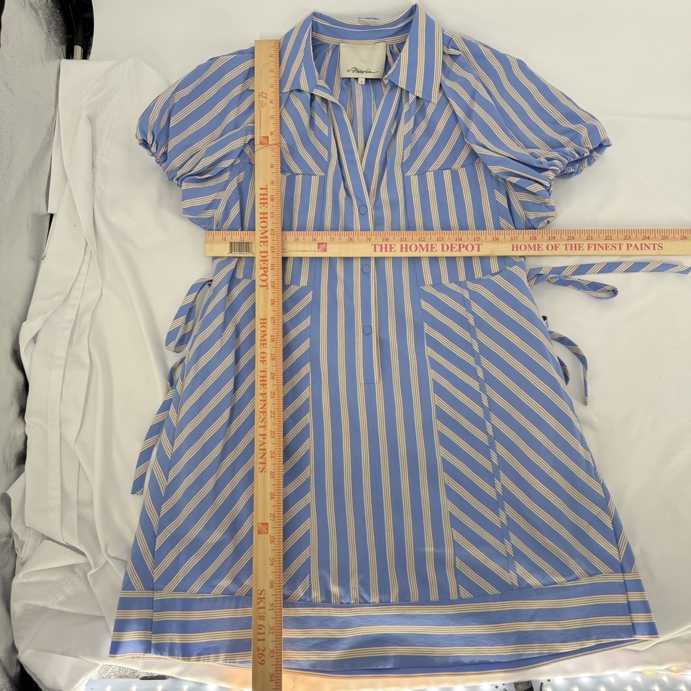 3.1 Phillip Lim Sz 2 Collared Puff Sleeve‎ Short Shirt Dress Striped Side Ties - Picture 7 of 7